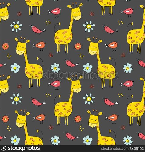 Cute Giraffe Seamless Pattern, Cartoon Hand Drawn Animal Doodles Vector Illustration .. Cute Giraffe Seamless Pattern, Cartoon Hand Drawn Animal Doodles Vector Illustration