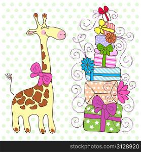 Cute Giraffe with a lot of gifts
