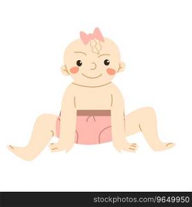 cute girl a few months old sitting and playing on floor. Vector illustration isolated. female baby in pink diaper, playing, active baby character. . cute small girl sitting and playing on floor