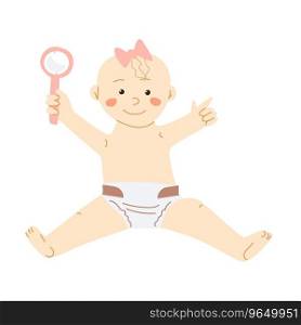 cute girl a few months old sitting and playing with a rattle. Vector illustration isolated. female baby in diaper, playing, holding hands up. . cute small girl sitting and playing with a rattle