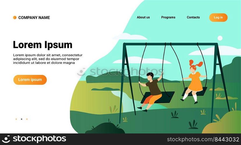 Cute girl and boy swinging and enjoying holiday isolated flat vector illustration. Cartoon happy friends playing on playground. Nature c&and weekend concept
