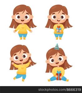 Cute girl collection. Happy child, birthday boy with gift, sits and stands. Vector illustration in cartoon style. Isolated characters for card, design, decor, print and kids collection