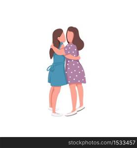 Cute girl couple flat color vector faceless characters. Romantic relationship. Sibling love. Happy family hug. Lesbian couple isolated cartoon illustration for web graphic design and animation. Cute girl couple flat color vector faceless characters