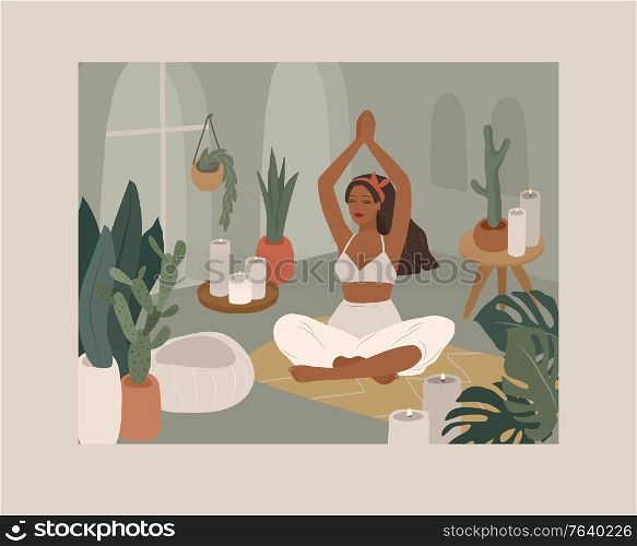 Cute girl doing yoga poses. Lifestyle by young woman in home interior with homeplants. Fashion illustration by femininity, beauty and mental health. Feminine cartoon illustration. Cute girl doing yoga poses. Lifestyle by young woman in home interior with homeplants. Fashion illustration by femininity, beauty and mental health. Feminine cartoon