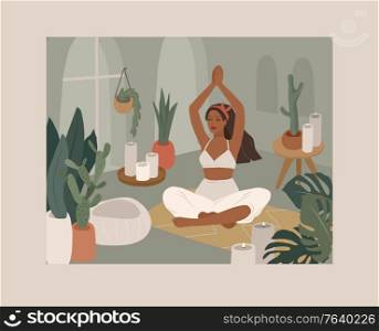 Cute girl doing yoga poses. Lifestyle by young woman in home interior with homeplants. Fashion illustration by femininity, beauty and mental health. Feminine cartoon illustration. Cute girl doing yoga poses. Lifestyle by young woman in home interior with homeplants. Fashion illustration by femininity, beauty and mental health. Feminine cartoon