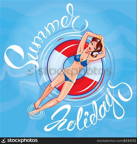 Cute girl dressing bikini floating on a lifebuoy in a swimming pool. Handwritten calligraphic text Summer Holidays. Design for seasonal greeting card, travel, vacations