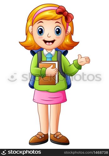 Cute girl holding book presenting