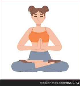 Cute girl in lotus asana with joined hands and closed eyes. Meditation, mental health, relaxation, yoga,fitness, stress management concept. Stock vector illustration isolated on white background in flat cartoon style. Cute girl in lotus asana with joined hands and closed eyes. Meditation, mental health, relaxation, yoga,fitness, stress management concept. Stock vector illustration isolated on white background in flat cartoon style.