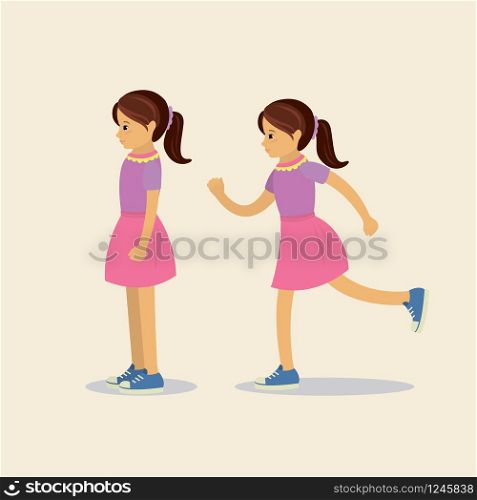 Cute Girl is standing and running,profile view,isolated,flat vector illustration