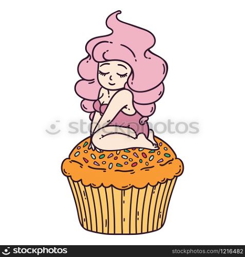Cute girl on cupcake. Isolated objects on white background. Vector illustration.