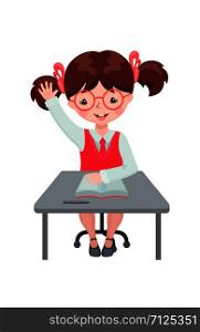 Cute girl raising hand in the classroom for an answer isolated on white background. Pupil sitting at the desk with raised hand. Education concept. Vector illustration.. Pupil girl raising hand for an answer at the desk.