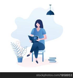 Cute girl sitting on chair and read book or magazine,female character learning,stack of books,trendy style vector illustration