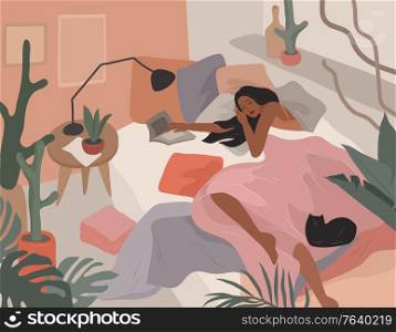 Cute girl sleeping in bed after she read book. Feminine style. Daily life by young woman in bedroom interior with homeplants. Cartoon vector illustration. Cute girl sleeping in bed after she read book. Feminine style. Daily life by young woman in bedroom interior with homeplants. Cartoon vector