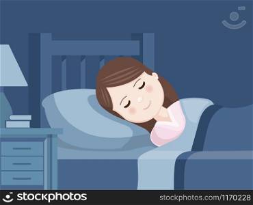 Cute girl sleeping in bed. Bedroom at night. Sweet dreams. Vector illustration