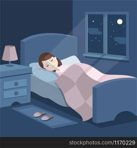 Cute girl sleeping in bed. Bedroom with a window at night. Sweet dreams. Vector illustration