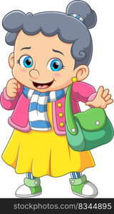 cute girl smiling and carrying handbag of illustration