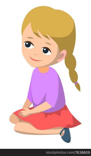 Cute girl vector, isolated character little kid with braided hairstyle wearing skirt and sweater. Education in kindergarten, child with peaceful face, back to school concept. Flat cartoon. Small Kid Sitting on Floor Looking Aside Girl