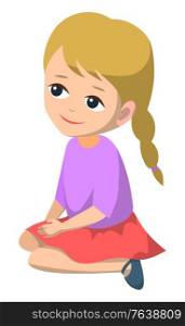 Cute girl vector, isolated character little kid with braided hairstyle wearing skirt and sweater. Education in kindergarten, child with peaceful face, back to school concept. Flat cartoon. Small Kid Sitting on Floor Looking Aside Girl