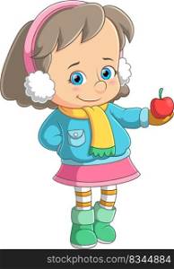 Cute Girl Wearing blue Winter Coat and holding apple of illustration