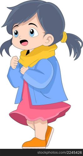 cute girl wearing jacket walking in winter, going to school, creative illustration design