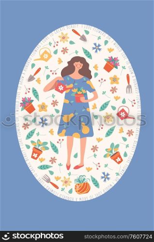 Cute girl with a flower pot. Oval frame with flowers, leaves and garden accessories. Cute spring flower frame. Quotes about flowers.. Cute girl with a flower pot. Oval frame with flowers, leaves and garden accessories. Cute spring flower frame.
