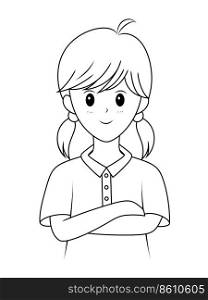 Cute girl with arms folded. Cartoon character design, outline style. Vector illustration.