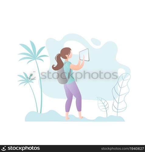 Cute girl with backpack and tablet pc,female character profile view, park or beach on background,travel banner,vector illustration in trendy style