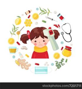 Cute girl with flu and high temperature in flat style isolated on white background. Sick child character with flu medication. Vector illustration.. Cute sick girl with flu and high temperature in flat style isolated on white background.