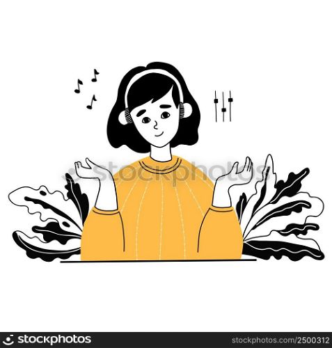 Cute girl with haircut in headphones listens to music on decorative background. Vector illustration in hand drawn doodle style. Podcast and hobby concept. character For thematic decor, design, print