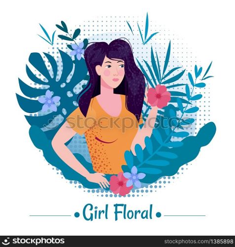 Cute girl with long romantic hair among the leaves and flowers of exotic plants in a T-shirt. Cute girl beauty with long romantic hair among the leaves and flowers of exotic plants summer in a T-shirt. Illustration vector isolated banner poster postcard trend flat cartoon style.