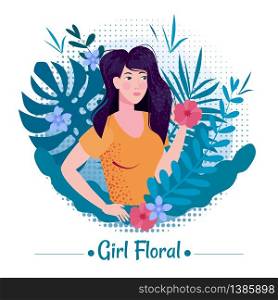 Cute girl with long romantic hair among the leaves and flowers of exotic plants in a T-shirt. Cute girl beauty with long romantic hair among the leaves and flowers of exotic plants summer in a T-shirt. Illustration vector isolated banner poster postcard trend flat cartoon style.