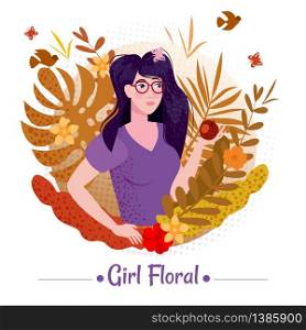 Cute girl with long romantic hair with apple among the leaves and flowers of exotic plants in a T-shirt. Cute girl beauty with long romantic hair with apple among the leaves and flowers of exotic plants summer in a T-shirt. Illustration vector isolated banner poster postcard trend flat cartoon style.