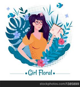 Cute girl with long romantic hair with book among the leaves and flowers of exotic plants in a T-shirt. Cute girl beauty with long romantic hair with book among the leaves and flowers of exotic plants summer in a T-shirt. Illustration vector isolated banner poster postcard trend flat cartoon style.