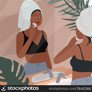 Cute girl with towel on head care for her skin after bathing, cleanses face and makeup. Feminine Daily life by young woman in bathroom interior with homeplants. Cartoon vector illustration. Happy cute girl having breakfast in the morning after bath, read the newspaper and resting with cat. Feminine Daily life by young woman in home interior with homeplants. Cartoon vector