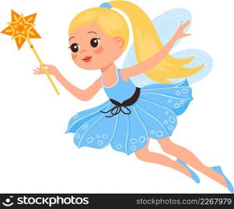 Cute girl with wings in flower skirt. Magic fairy isolated on white background. Cute girl with wings in flower skirt. Magic fairy