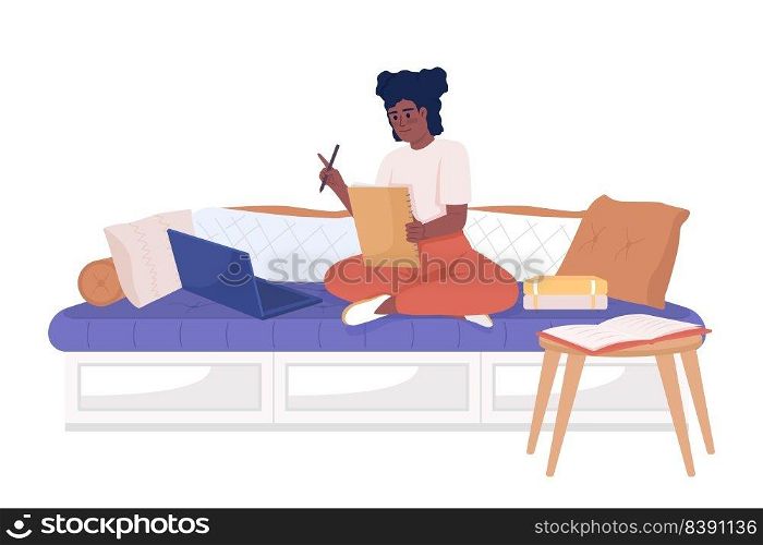 Cute girl writing home assignment on sofa semi flat color vector character. Editable figure. Full body person on white. Simple cartoon style illustration for web graphic design and animation. Cute girl writing home assignment on sofa semi flat color vector character