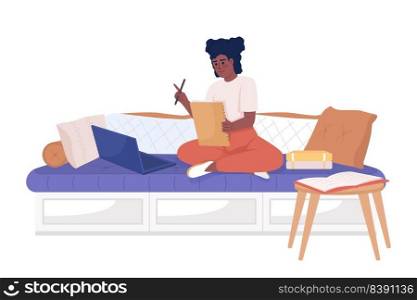 Cute girl writing home assignment on sofa semi flat color vector character. Editable figure. Full body person on white. Simple cartoon style illustration for web graphic design and animation. Cute girl writing home assignment on sofa semi flat color vector character