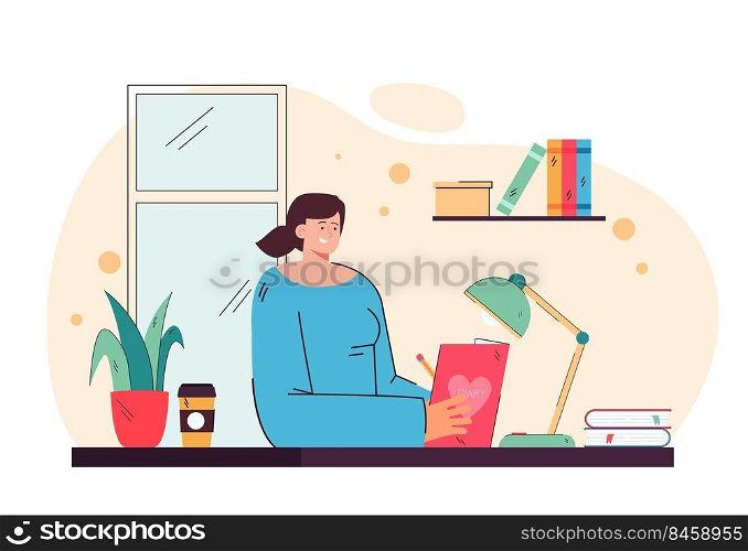 Cute girl writing in diary and sitting at desk flat vector illustration. Cartoon female student studying with book or writing in journal. Lifestyle and personal thoughts concept