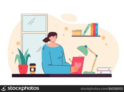 Cute girl writing in diary and sitting at desk flat vector illustration. Cartoon female student studying with book or writing in journal. Lifestyle and personal thoughts concept