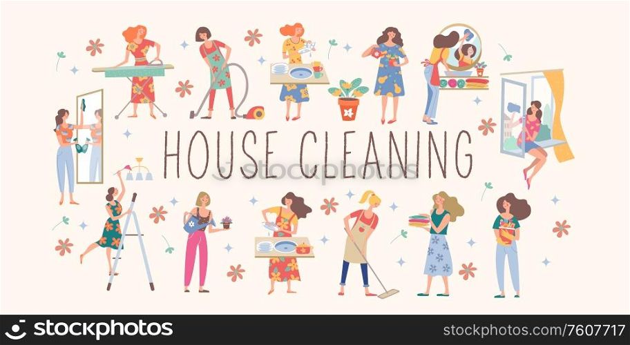 Cute girls are doing house cleaning. Housewives wash dishes, vacuum, wash clothes, wash Windows and mirrors, water flowers, iron clothes, put clothes in the closet. Vector collection in flat style.. House cleaning. Cute housewife doing the housework. Vector collection.