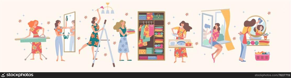 Cute girls do their homework. Girls wash Windows, vacuum, wash clothes, put clothes in the closet, wash the chandelier, wash dishes and mirror. Collection of vector element. House cleaning. Cute housewife doing the housework. Vector collection.