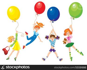 cute girls flying away on balloons