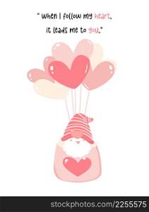 cute gnome boy in heart shape balloons cartoon vector