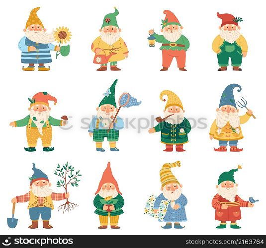 Cute gnome of set, elf and garden dwarf. Vector cute dwarf with beard, myth figurine and adorable little characters illustration. Cute gnome of set, elf and garden dwarf
