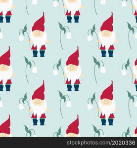 Cute gnomes background vector illustration. Gnomes with spring flowers seamless pattern. Mythical little men, template for baby fabric, packaging, wallpaper and fill. Cute gnomes background vector illustration