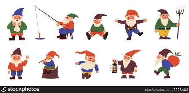 Cute gnomes. Cartoon fairy ta≤dwarves in different clothes with beards and hoods. Senior fabulous litt≤characters fishing or working in garden. Happy mid≥ts poses. Vector kids illustration set. Cute gnomes. Cartoon fairy ta≤dwarves in different clothes with beards and hoods. Senior fabulous characters fishing or working in garden. Mid≥ts poses. Vector kids illustration set