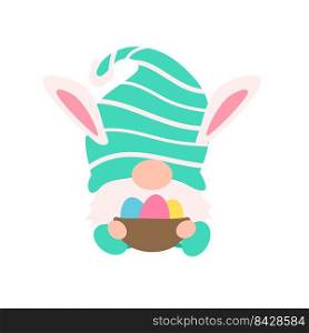 Cute gnomes wearing bunny ears hold carrots and colorful eggs in Easter. Isolated on background