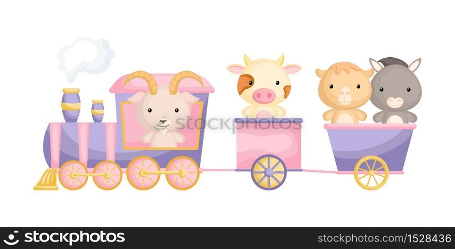 Cute goat, cow, camel and donkey ride on train. Graphic element for childrens book, album, scrapbook, postcard or mobile game. Zoo theme. Flat vector illustration isolated on white background.
