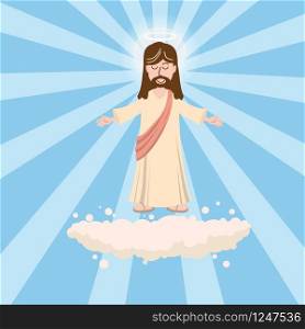 Cute God smiles with open arms, a halo of saints above his head. Cute God smiles with love with open arms, a nimbus of a saint above his head, on a cloud in paradise, Christianity, vector, isolated, cartoon style, diverging rays background
