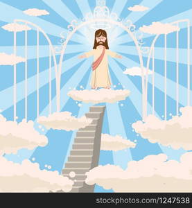 Cute God smiles with open arms, a halo of saints above his head. Cute God smiles with love with open arms, the road to heaven, the open gates of heaven, the nimbus of the saint over his head, on a cloud in heaven, sky, clouds, Christianity, vector, isolated, cartoon style, diverging rays background